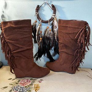 French Kiss Tan Faux Suede Fringe Boho Festival Boots NEW